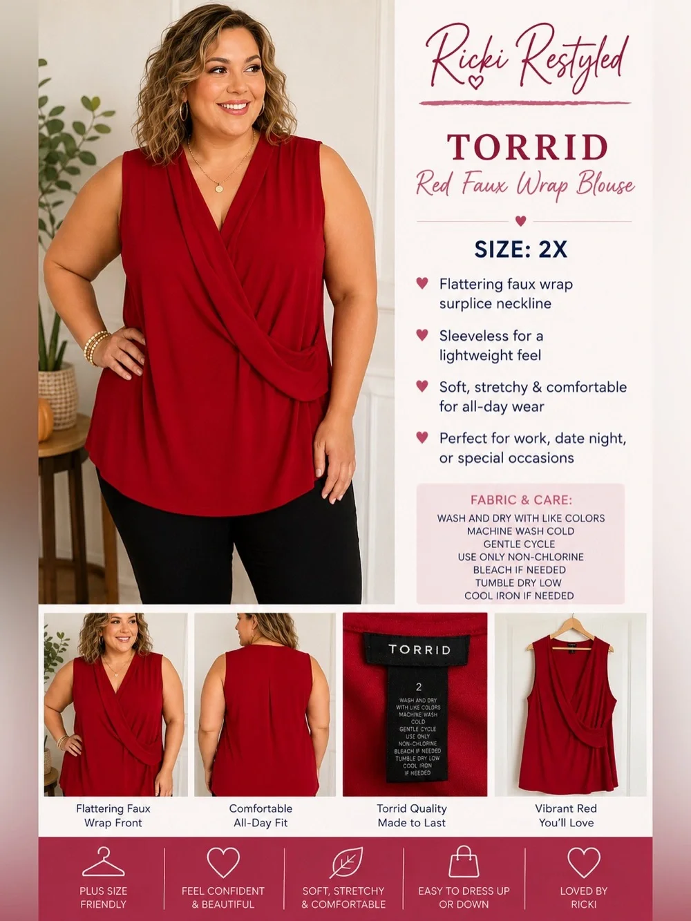 Torrid Red Sleeveless Faux Wrap Blouse Plus Size Women’s - Picture 4 of 5